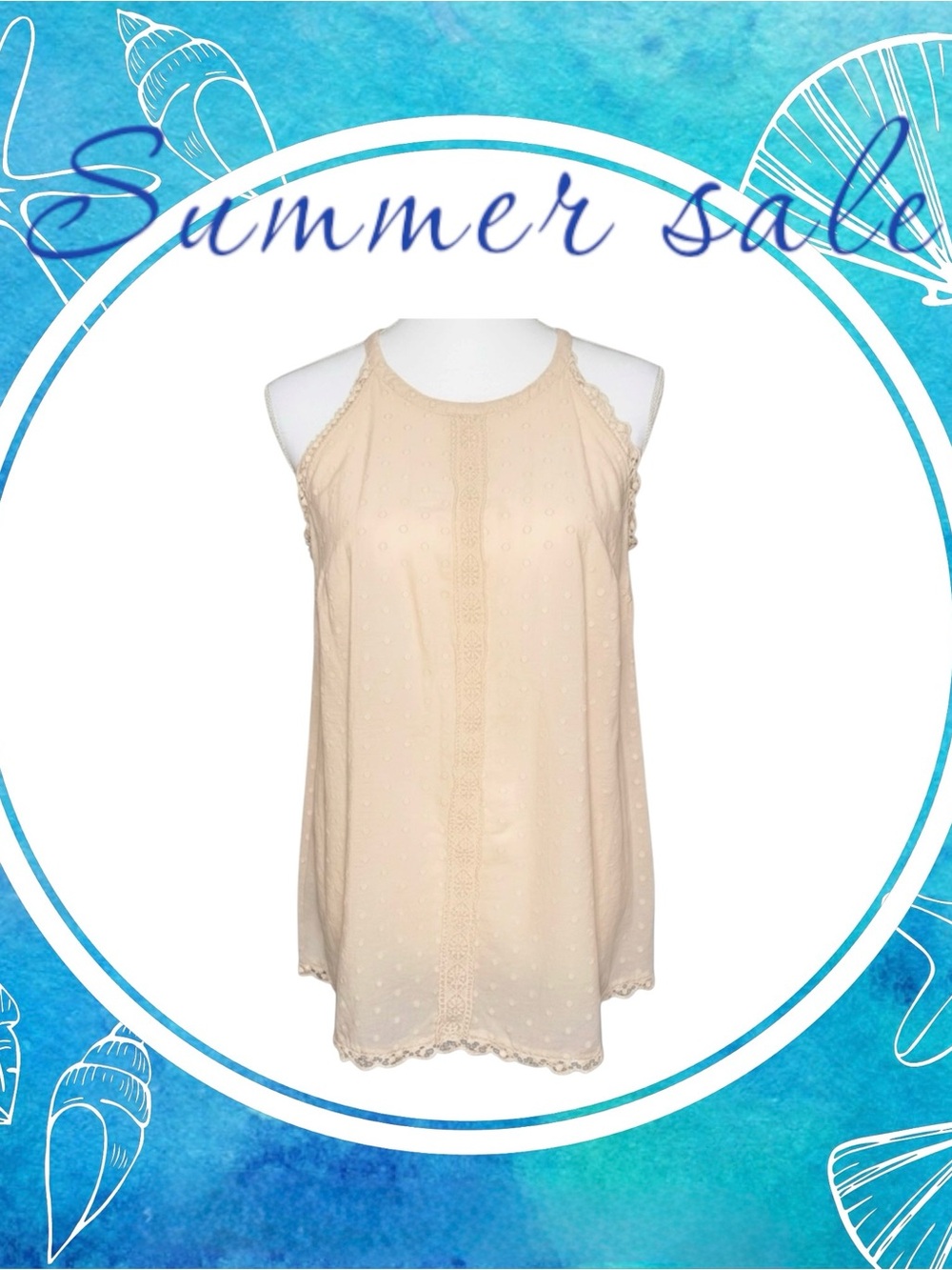 Torrid Peach Cream Eyelet Halter Tank Top with Light Poka Dots Empossed on It